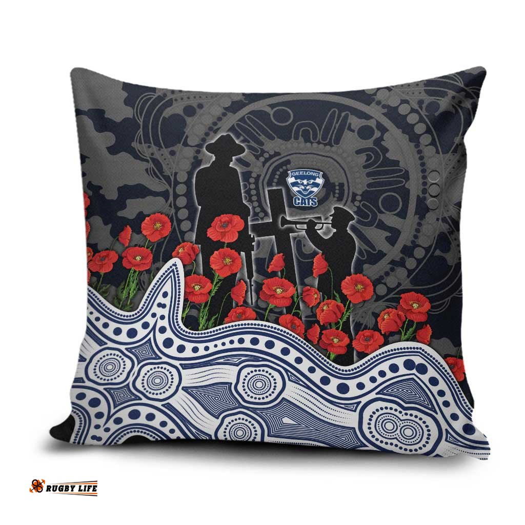 Geelong Cats ANZAC Day Pillow Cover Indigenous Dot Art with Poppy Flower Tribute TS04