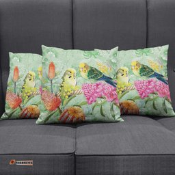 Birds and Floral Aussie Budgerigars Pillow Cover Mint Opal LT7