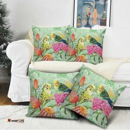 Birds and Floral Aussie Budgerigars Pillow Cover Mint Opal LT7