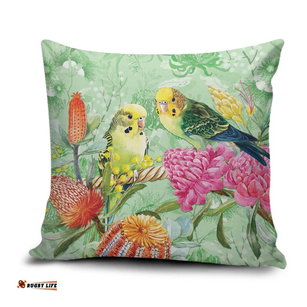 Birds and Floral Aussie Budgerigars Pillow Cover Mint Opal LT7