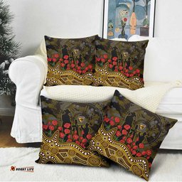 Hawthorn Hawks ANZAC Day Pillow Cover Indigenous Dot Art with Poppy Flower Tribute TS04