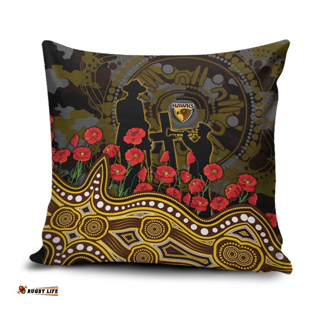 Hawthorn Hawks ANZAC Day Pillow Cover Indigenous Dot Art with Poppy Flower Tribute TS04
