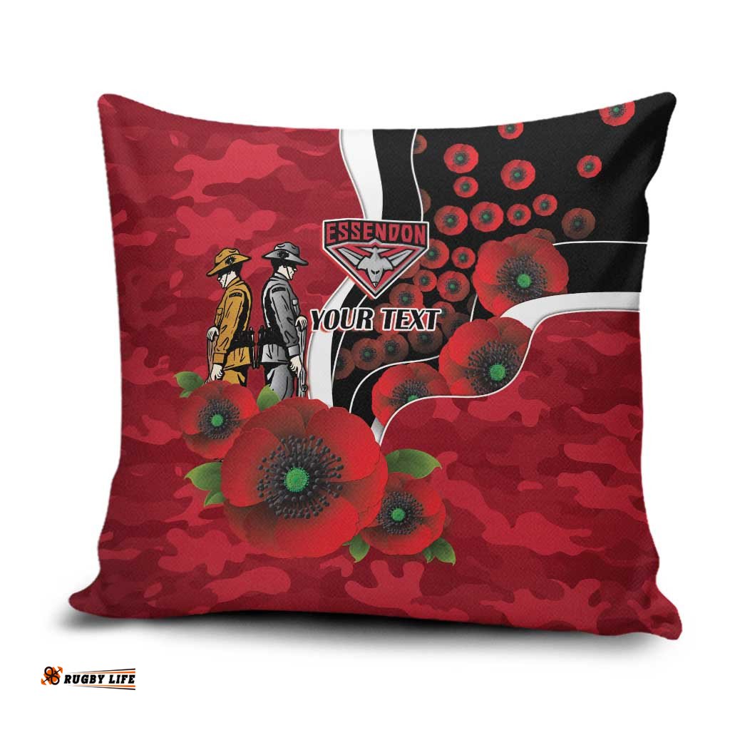 Essendon Bombers ANZAC Personalised Pillow Cover Lest We Forget Poppy Camo LT9