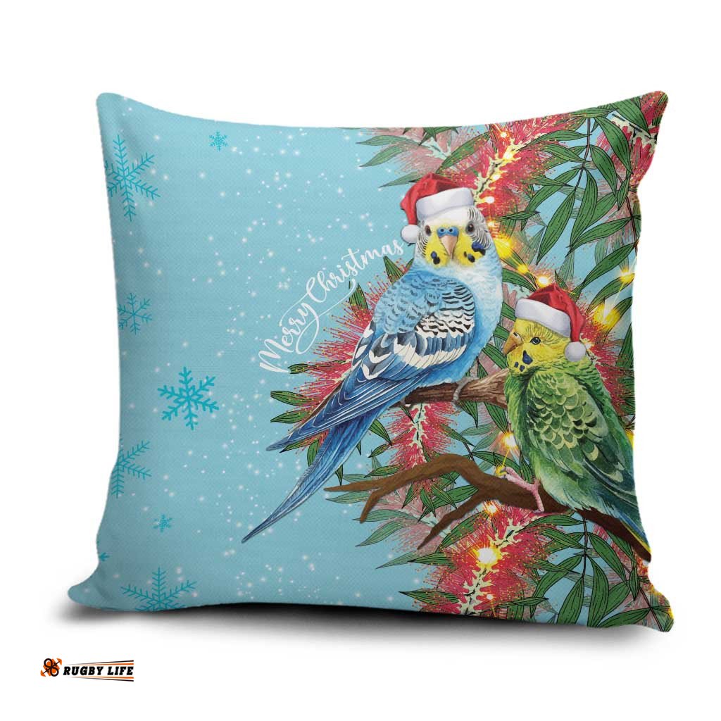 Blue Budgies on Callistemon Pillow Cover Merry Christmas Aussie LT7