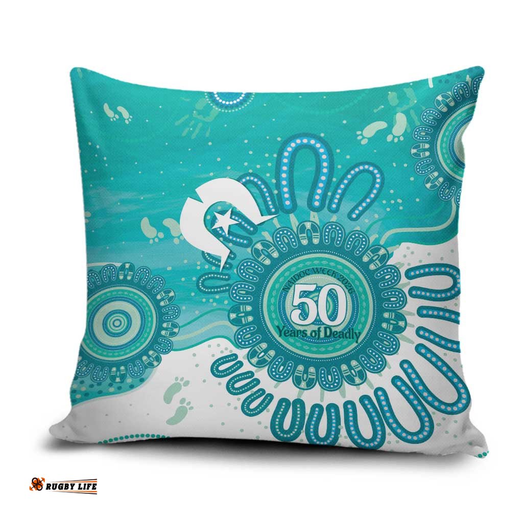 NAIDOC Week 2026 Pillow Cover 50 Years Deadly Dhari Cyan Aboriginal Art LT14