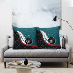 Personalised Aotearoa Lawn Bowls Pillow Cover Maori and Silver Fern Sporty Style Teal Color LT03