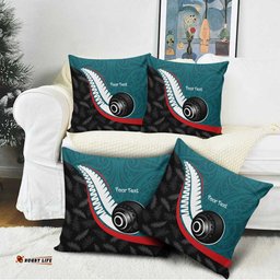 Personalised Aotearoa Lawn Bowls Pillow Cover Maori and Silver Fern Sporty Style Teal Color LT03