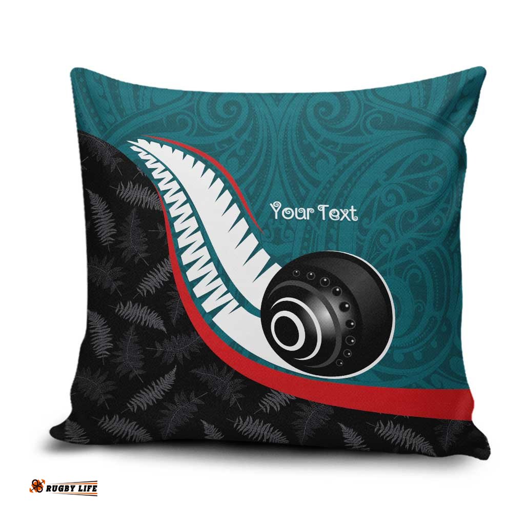 Personalised Aotearoa Lawn Bowls Pillow Cover Maori and Silver Fern Sporty Style Teal Color LT03