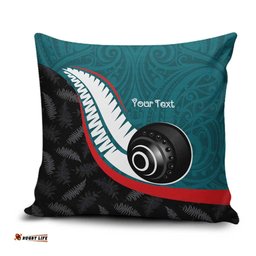 Personalised Aotearoa Lawn Bowls Pillow Cover Maori and Silver Fern Sporty Style Teal Color LT03