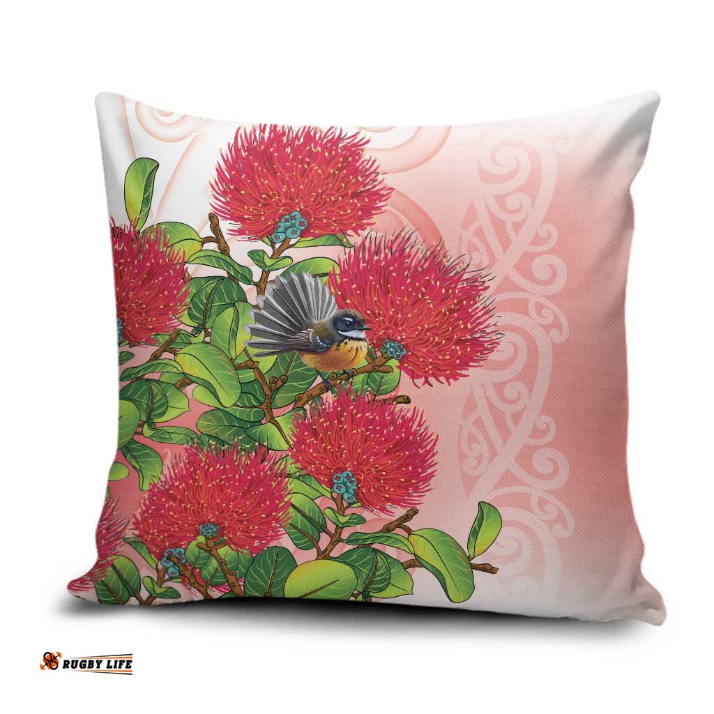 New Zealand Fantail Pillow Cover Maori Koru With Pohutukawa Flowers LT05