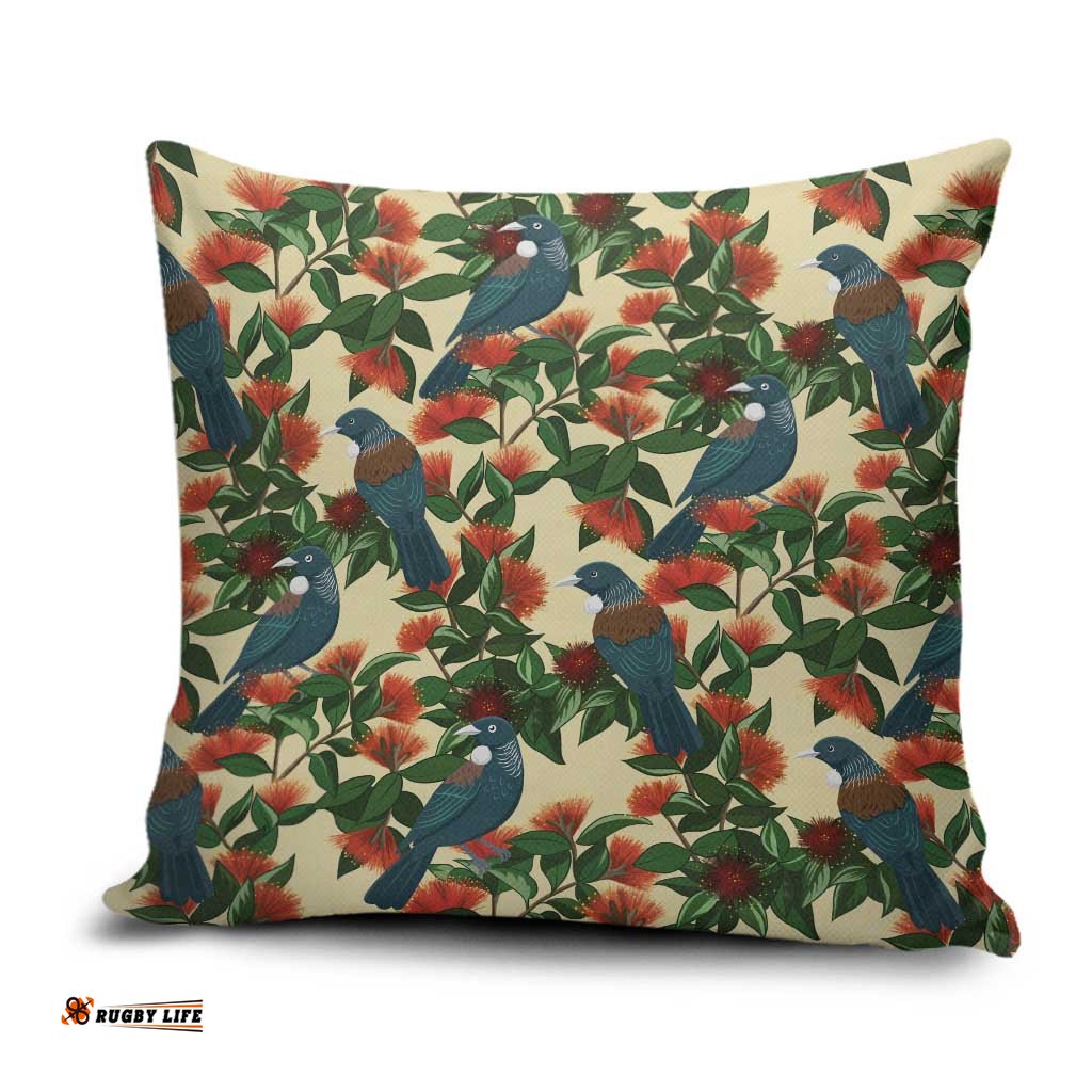 New Zealand Christmas Pillow Cover Romantic Tui Birds on Pohutukawa - Ivory LT7