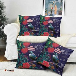 Tui Meri Kirihimete Personalised Pillow Cover Pohutukawa Flowers Blue Motif LT9
