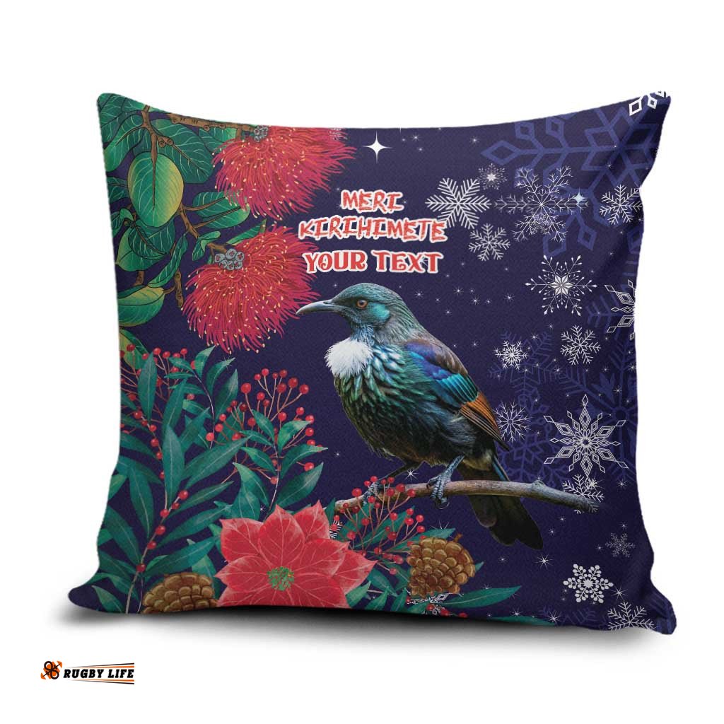 Tui Meri Kirihimete Personalised Pillow Cover Pohutukawa Flowers Blue Motif LT9