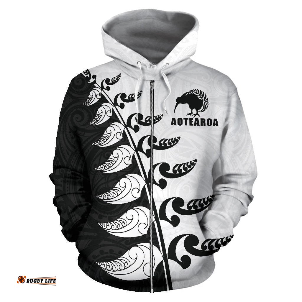 Aotearoa Silver Fern Koru Style Zip Hoodie Black White