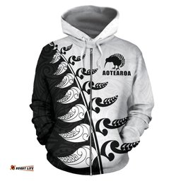 Aotearoa Silver Fern Koru Style Zip Hoodie Black White