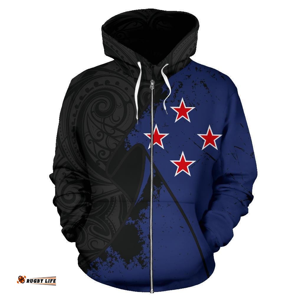 New Zealand Maori Hoodie, New Southern Cross Flag Full Zip Hoodie