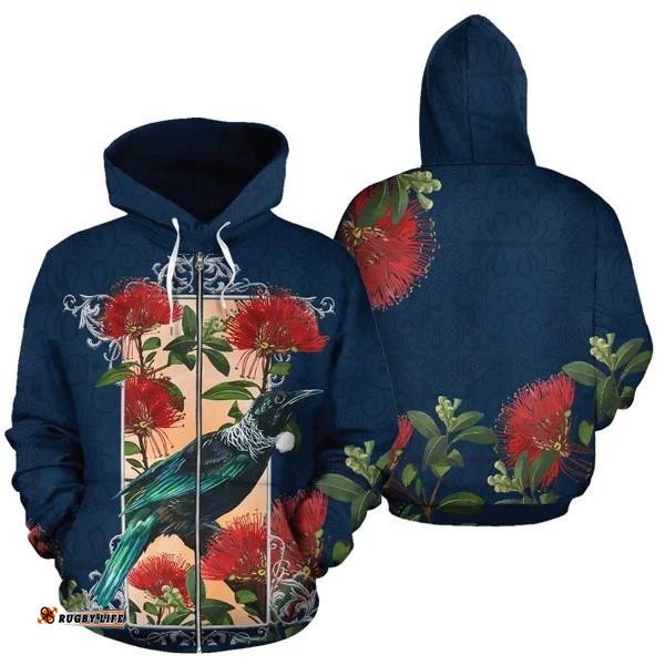 New Zealand Tui And Pohutukawa Zip Hoodie