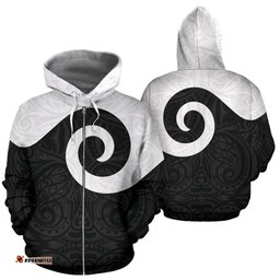 Koru New Zealand Zip Up Hoodie Black White