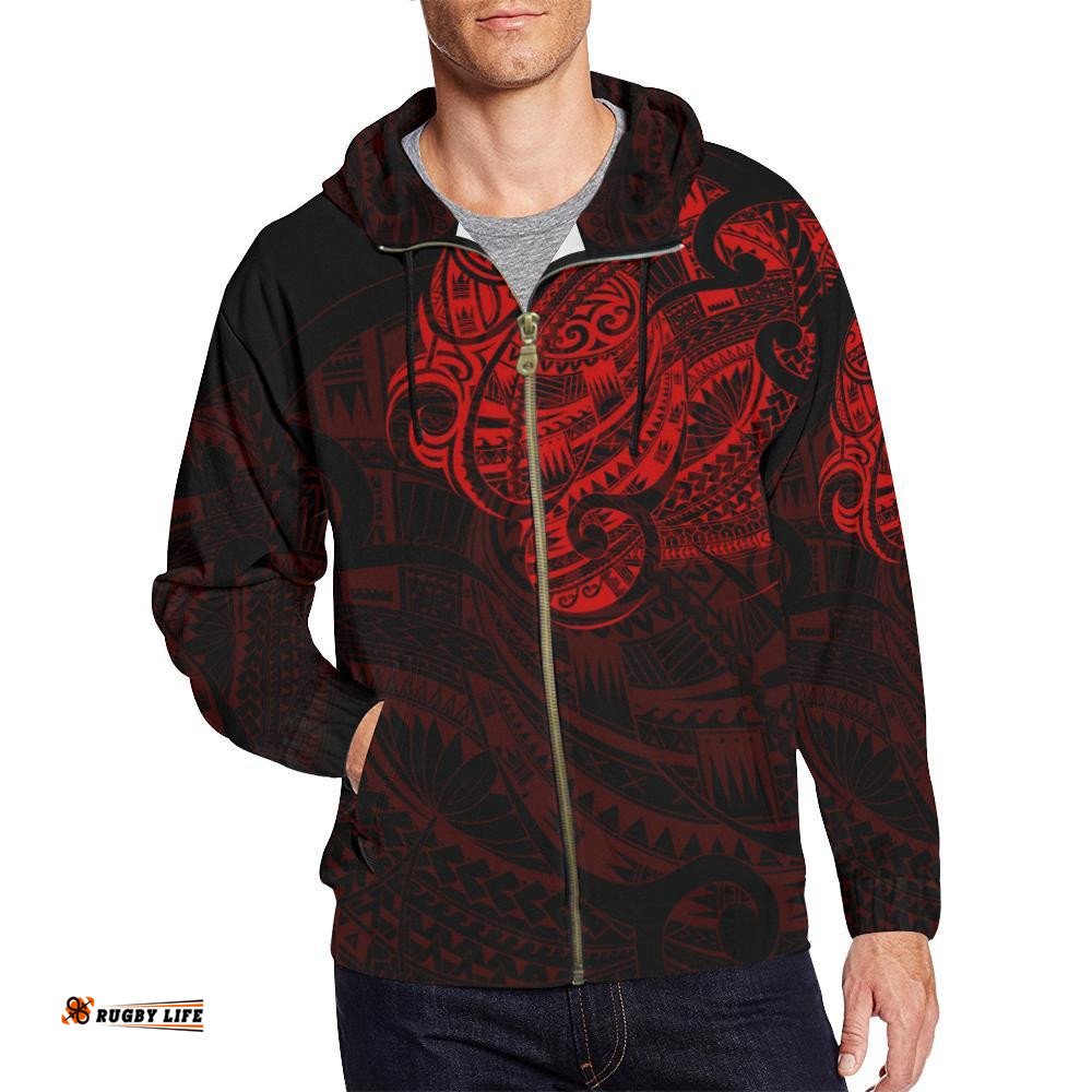 Maori Tattoo Style All Over Zip Hoodie Red Version