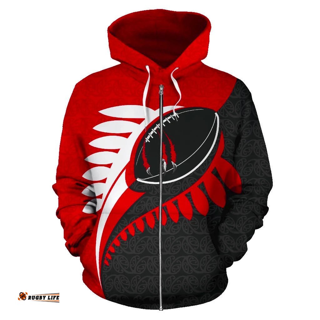 New Zealand Claws On Rugby Ball Zip Up Hoodie Red