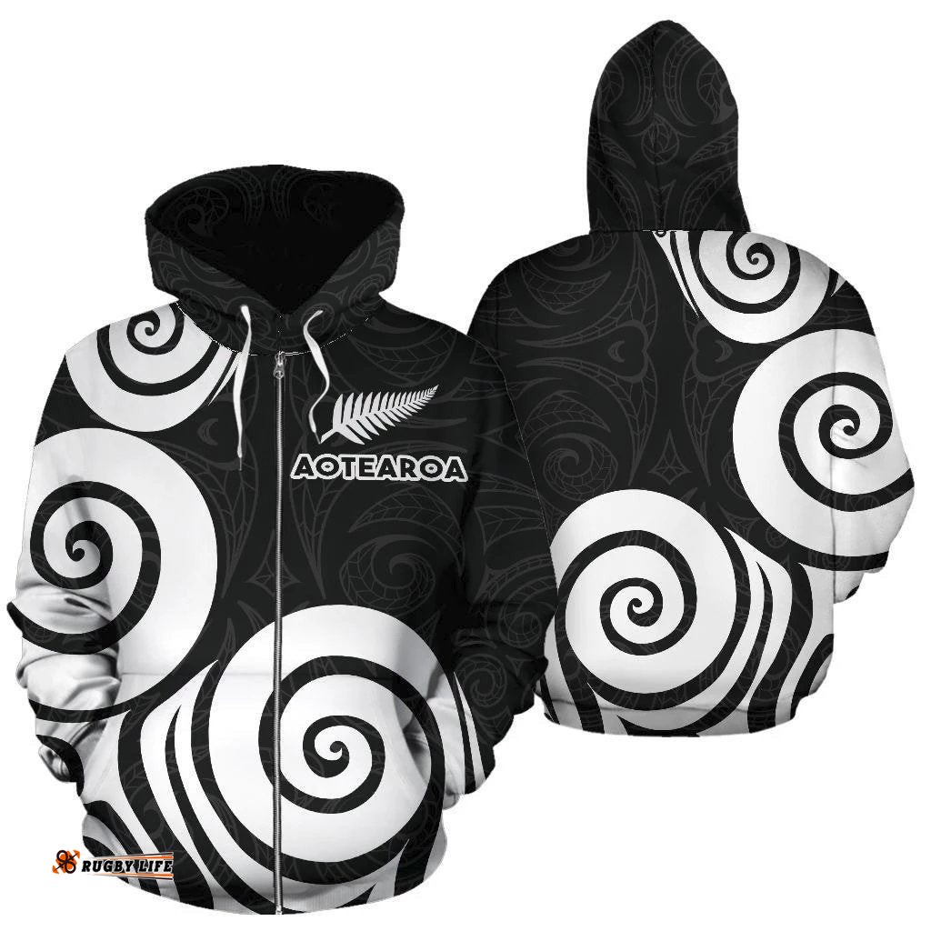 Aotearoa Hoodie Patterns Maori Silver Fern Koru Zip Up