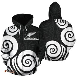 Aotearoa Hoodie Patterns Maori Silver Fern Koru Zip Up