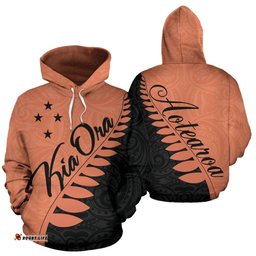 Kia Ora Aotearoa Hoodie Silver Fern Terra Cotta