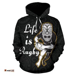 Life Is Rugby Hoodie Maori Mask Rugby Player Running With Ball