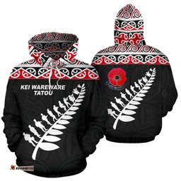 Lest We Forget ANZAC Fern Hoodie, Maori Poppies Pullover Hoodie