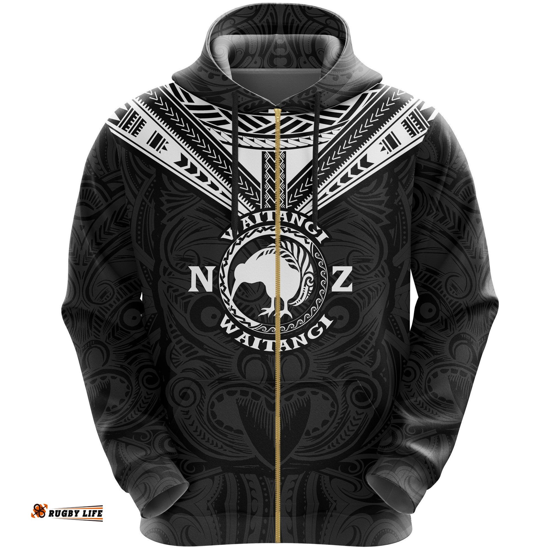 New Zealand Maori Zip Hoodie Waitangi Day Black