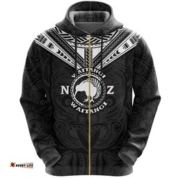 New Zealand Maori Zip Hoodie Waitangi Day Black