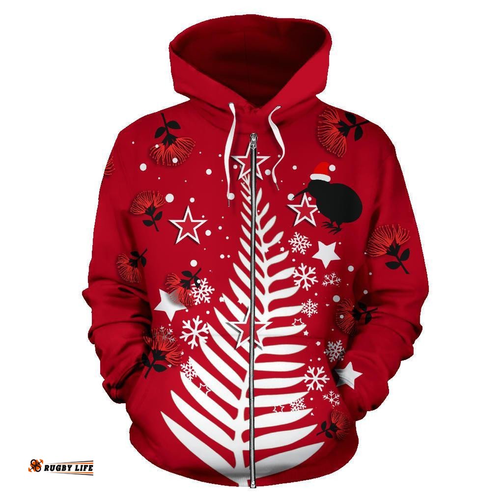New Zealand Zip Hoodie Silver Fern Christmas Tree