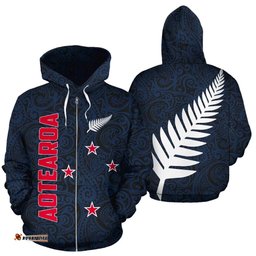 Aotearoa Maori Zip Up Hoodie Silver Fern