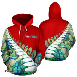 Paua Shell Silver Fern Zip Up Hoodie Red