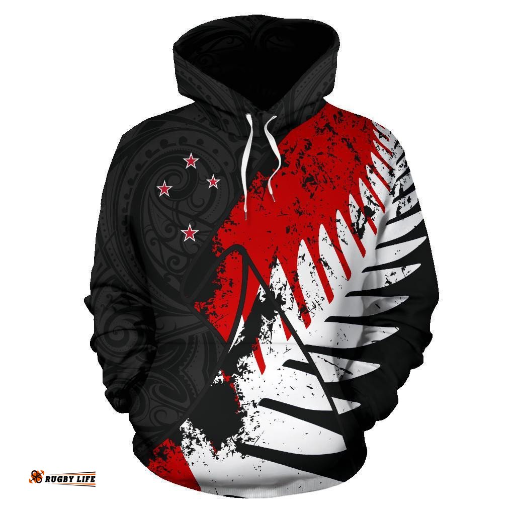New Zealand Maori Hoodie, Silver Fern Flag Pullover Hoodie 04