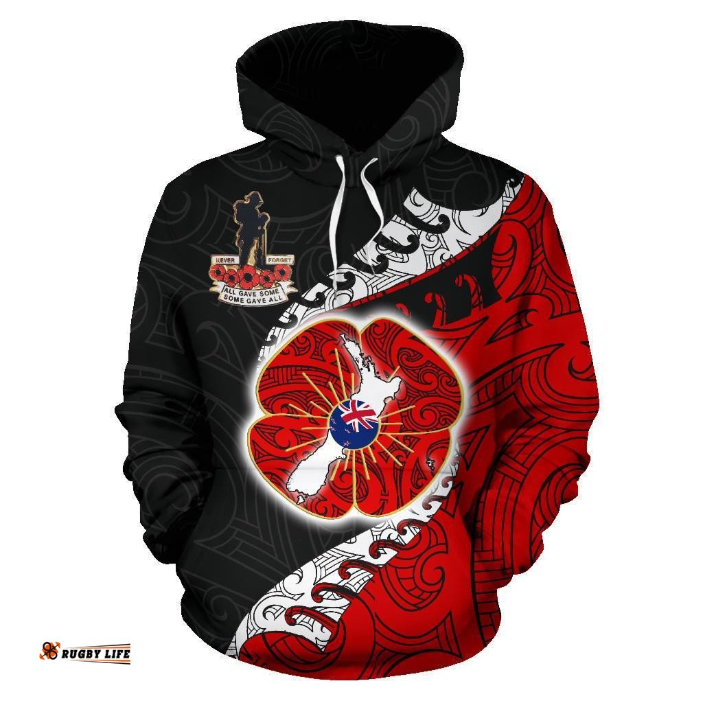 ANZAC New Zealand Hoodie Lest We Forget Poppy Map Silver Fern Nz
