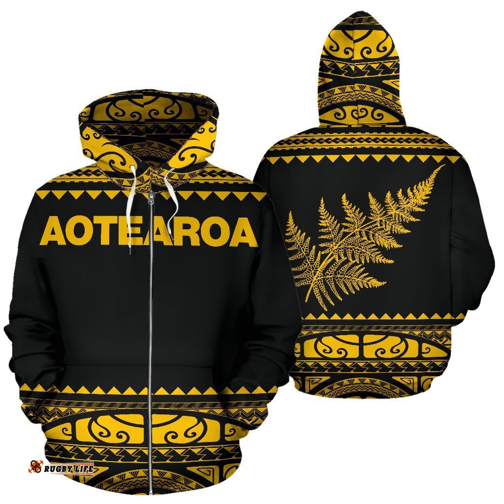 New Zealand Maori Zip Up Hoodie, Aotearoa Silver Fern Zipper Hoodie Yellow