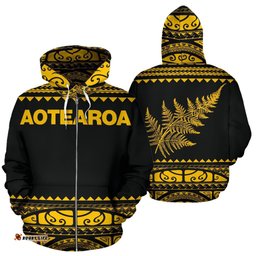 New Zealand Maori Zip Up Hoodie, Aotearoa Silver Fern Zipper Hoodie Yellow