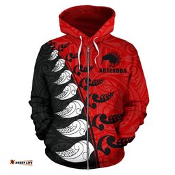 Aotearoa Silver Fern Koru Style Zip Hoodie Red