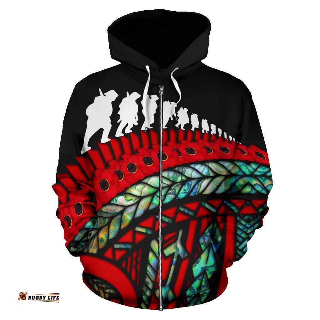ANZAC New Zealand Zip Hoodie, Poppies Lest We Forget Maori Pullover Hoodie Soldiers Paua