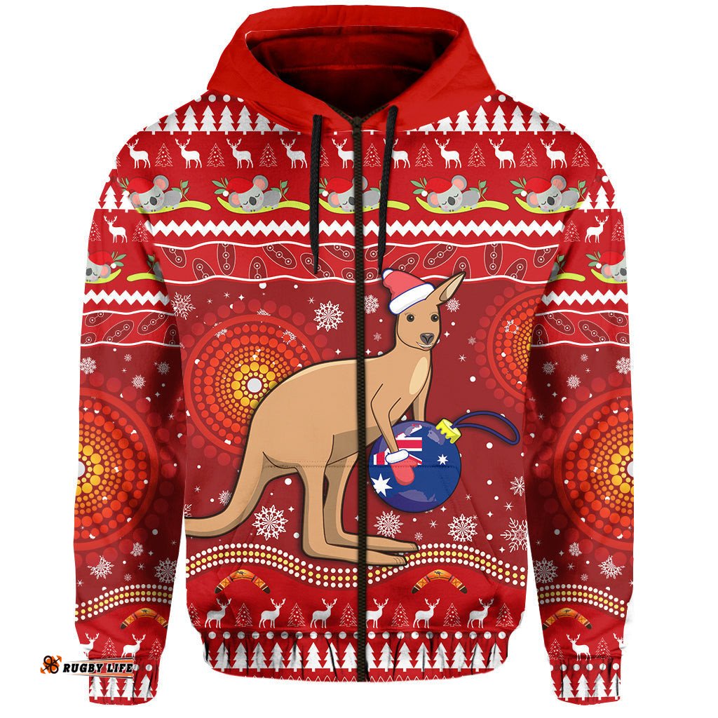 australia christmas zip hoodie aboriginal kangaroo