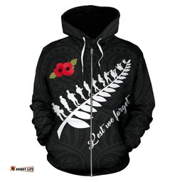 New Zealand Lest We Forget Zipper Hoodie, ANZAC Fern Zip Up Hoodie