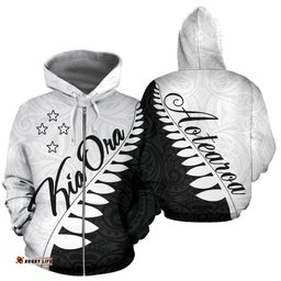 Kia Ora Aotearoa Zip Up Hoodie Silver Fern