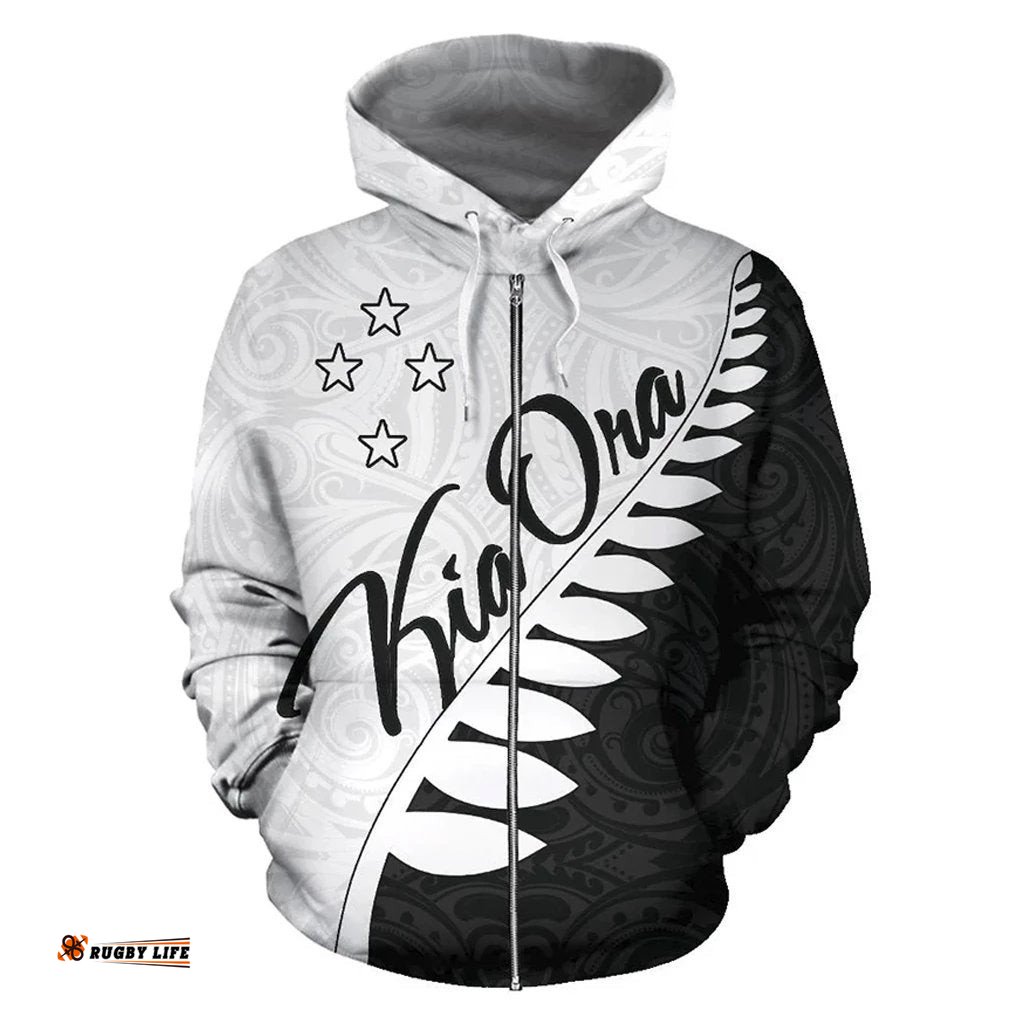 Kia Ora Aotearoa Zip Up Hoodie Silver Fern