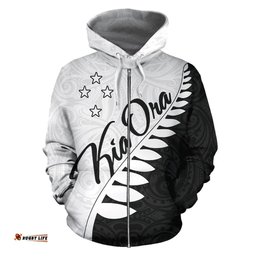Kia Ora Aotearoa Zip Up Hoodie Silver Fern