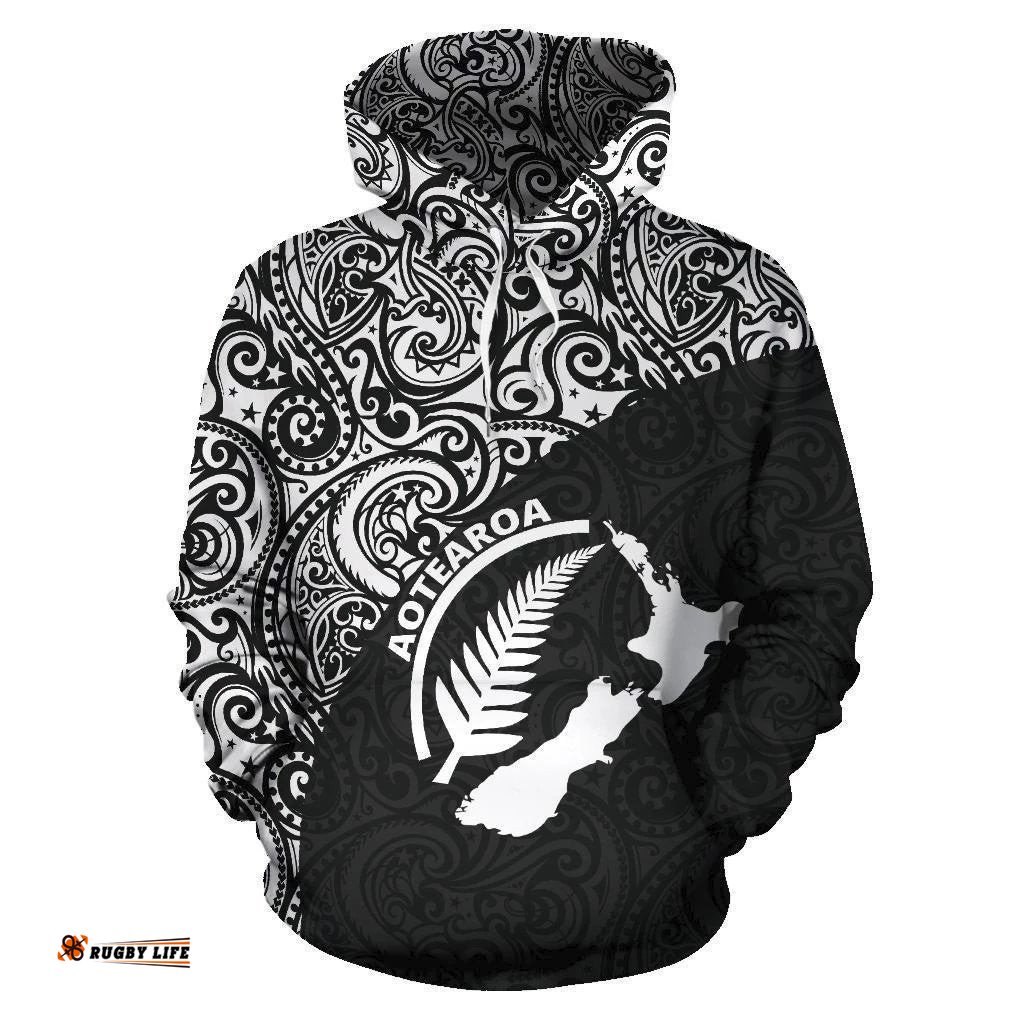 Aotearoa Maori With Map And Silver Fern Hoodie