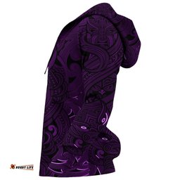New Zealand Zip Up Hoodie, Maori Gods Zipper Hoodie, Tumatauenga God Of War Purple