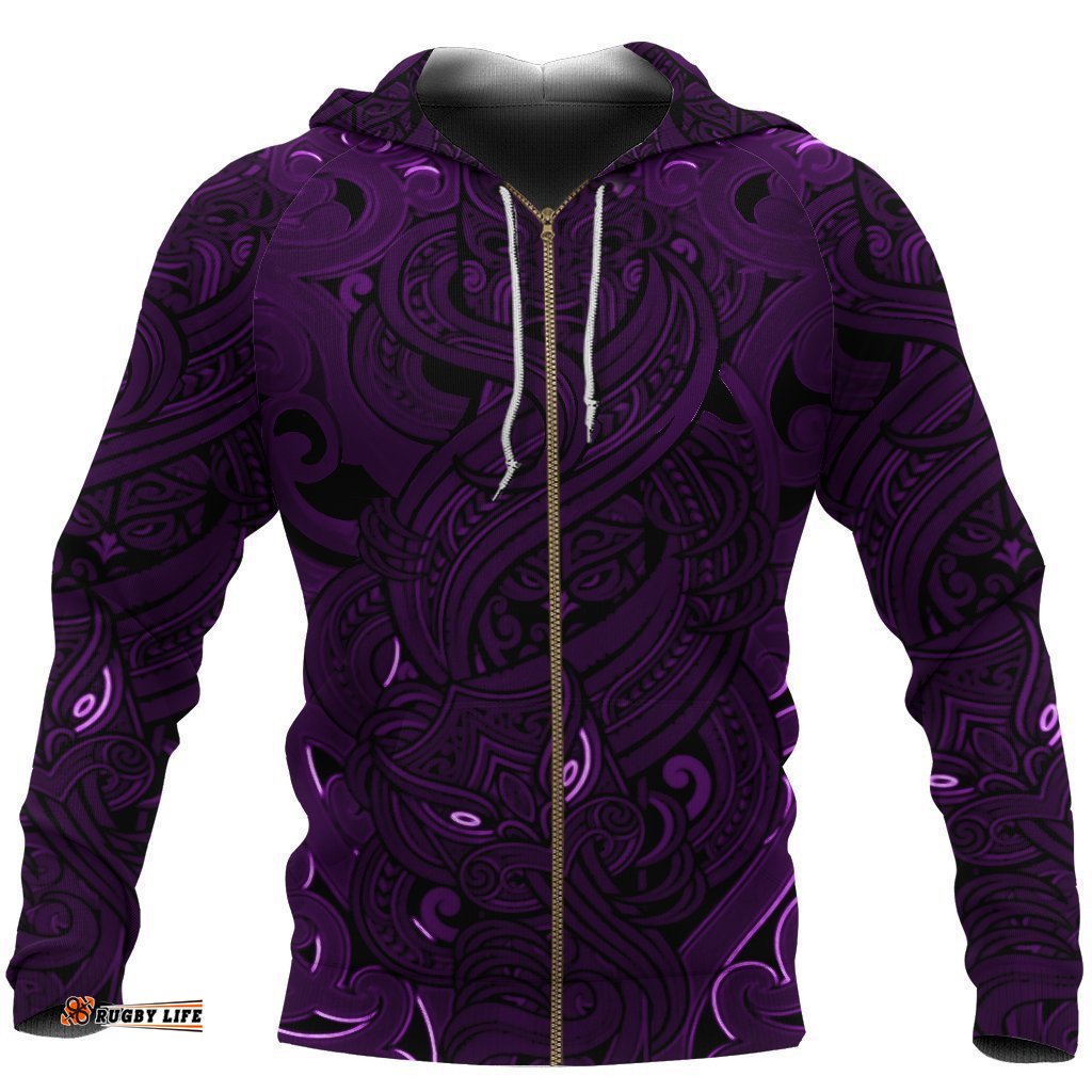 New Zealand Zip Up Hoodie, Maori Gods Zipper Hoodie, Tumatauenga God Of War Purple