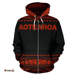 New Zealand Maori Zip Up Hoodie, Aotearoa Silver Fern Zipper Hoodie Orange Red