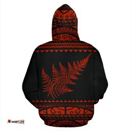 New Zealand Maori Zip Up Hoodie, Aotearoa Silver Fern Zipper Hoodie Orange Red